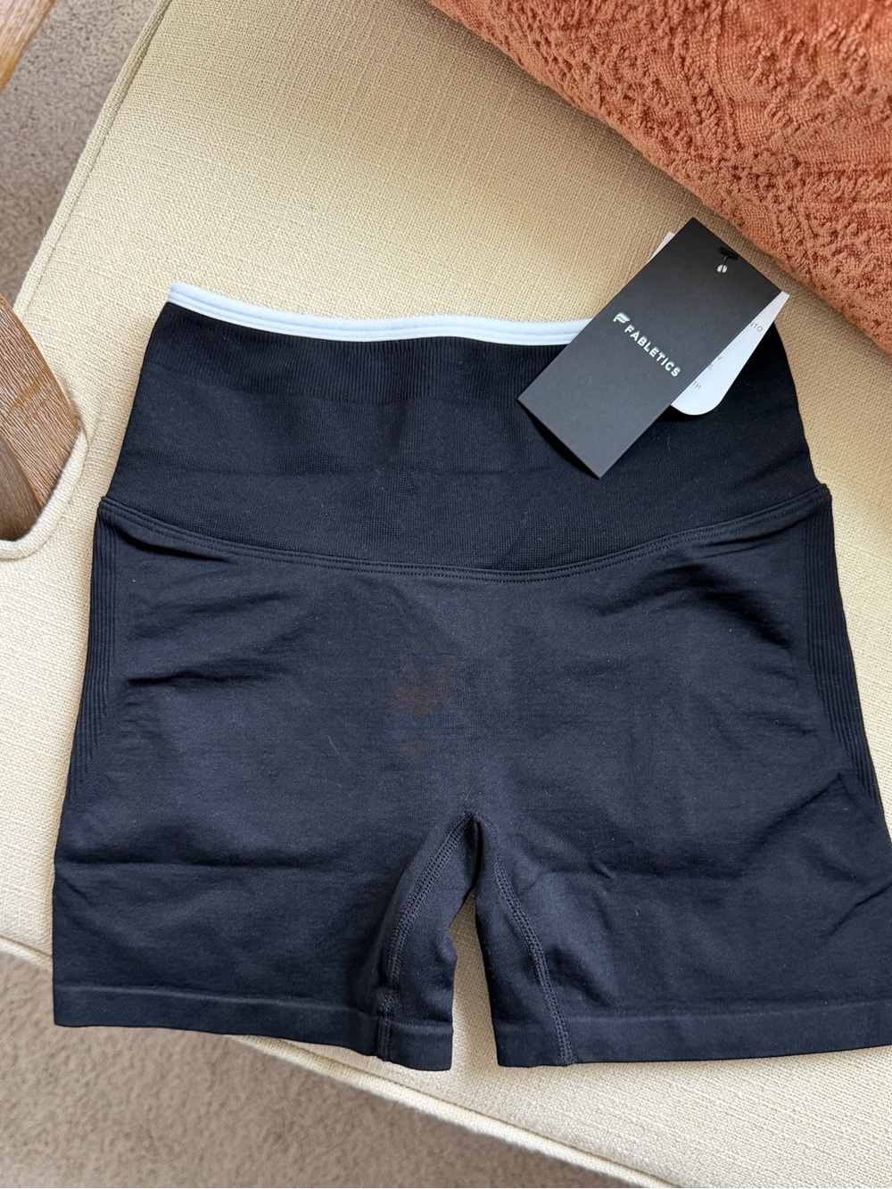 Fabletics Black High-Rise Bike Shorts with White Waistband Trim
